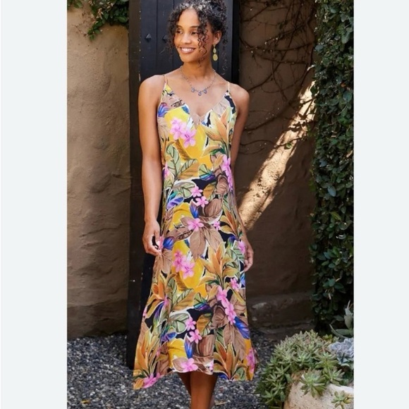 NWT Karen Kane Yellow Multi Tropical Print Side Slit Midi Dress Size XS - Picture 1 of 4